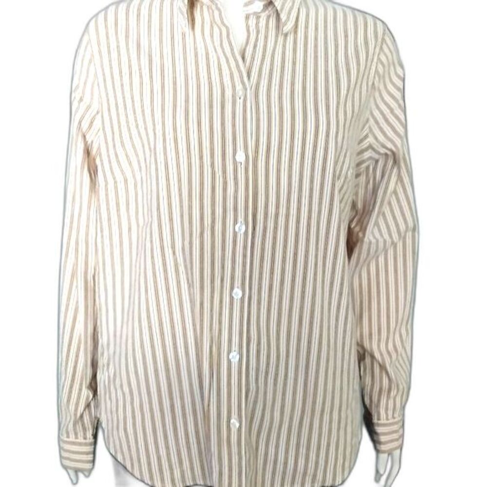Izod Button Up Blouse Top Yellow Gray White Stripes Womens Shirt XL Striped